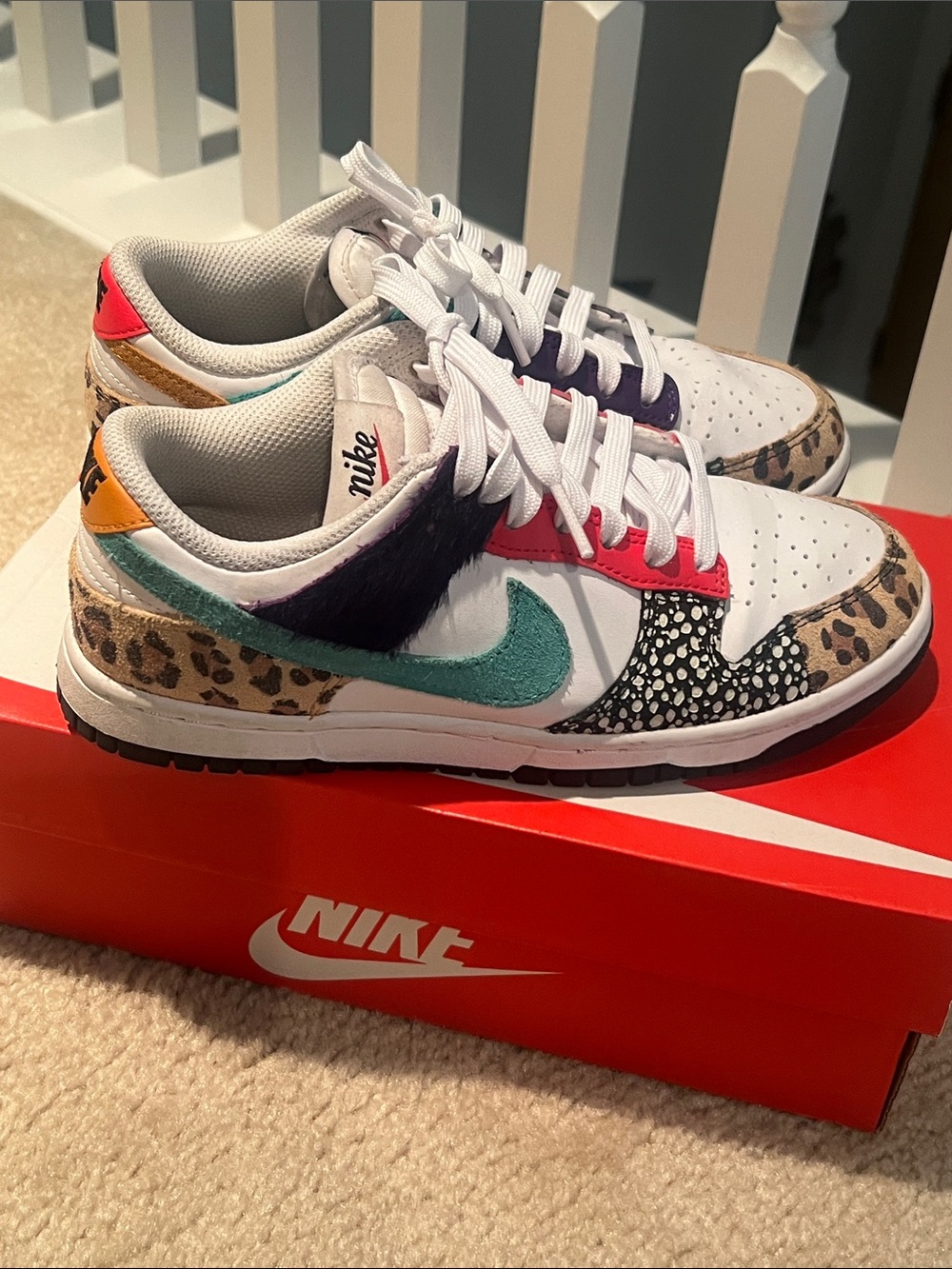 Nike Women’s White Sneakers with Teal Swoosh & Multicolor Animal Accents
